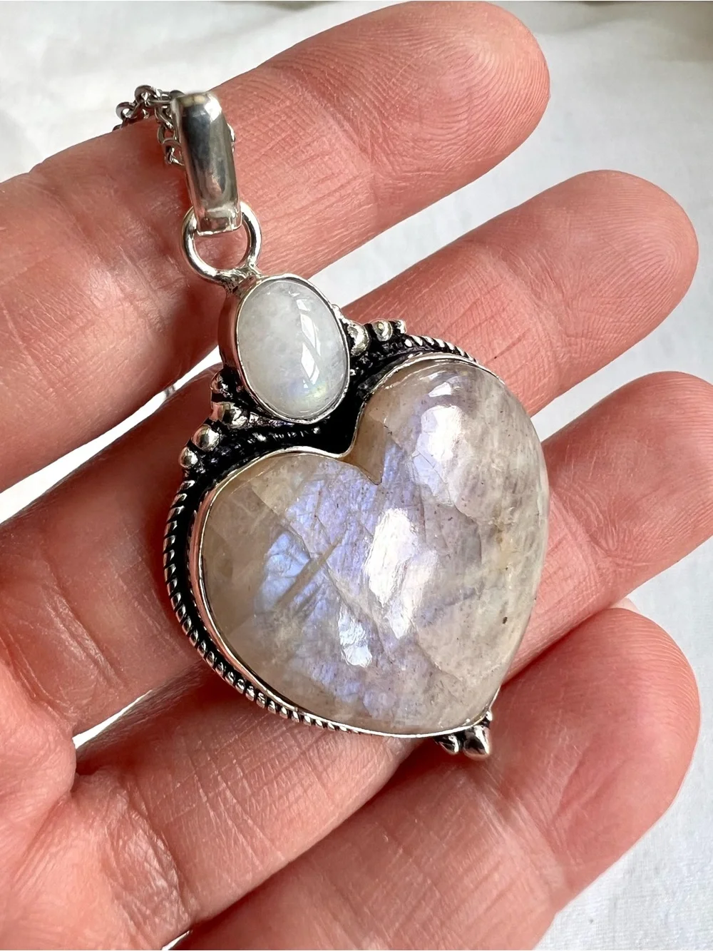 925 OMG OMG Blue Flash Peach Moonstone ❤️ Heart Pendant Necklace